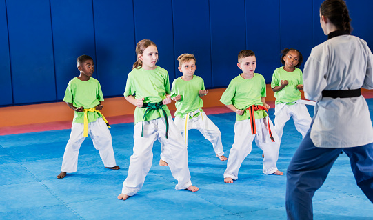 A multi-ethnic group of five children, 6 to 9 years old, and a teacher in taekwondo class. The children are facing the female instructor, following her moves in unison.
