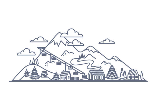 ilustraciones, imágenes clip art, dibujos animados e iconos de stock de icono de la línea del complejo de montaña - paisaje de montaña con edificios del pueblo ilustración lineal simple sobre el fondo blanco. ilustración vectorial - winter snow non urban scene house