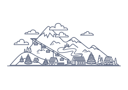 Mountain resort line icon - mountain landscape with village buildings and ski elevator simple linear illustration on white background. Vector illustration