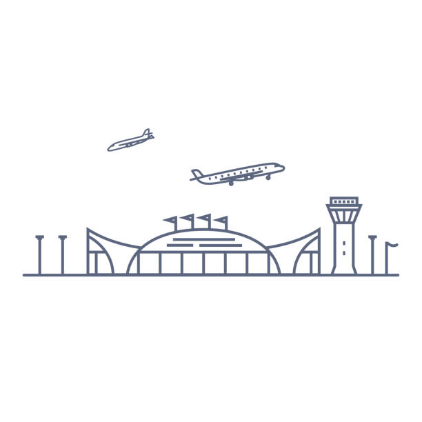 bildbanksillustrationer, clip art samt tecknat material och ikoner med flygplatslinje vektorikon - flygplatsterminalbyggnad och plan linjärt piktogram isolerat på vit bakgrund. vektor illustration - harbour windy