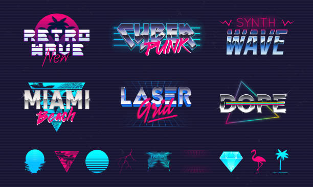 ilustrações de stock, clip art, desenhos animados e ícones de set of 6 retro neon logo templates and 10 trendy elements to create your own design. print for t-shirt, typography. trendy retro 80's design for logo, label, banner, poster. vector illustration - tropical storm illustrations