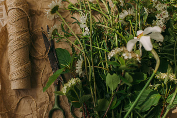 istock Beautiful daffodils and wildflowers in sunny light on rustic paper. Spring flowers rural still life 1311318657