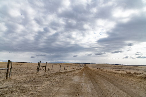 Threatening storm clouds over muddy country dirt road though prairie ranch land in the middle of Montana. Large city within an hour drive is Billings, Montana.