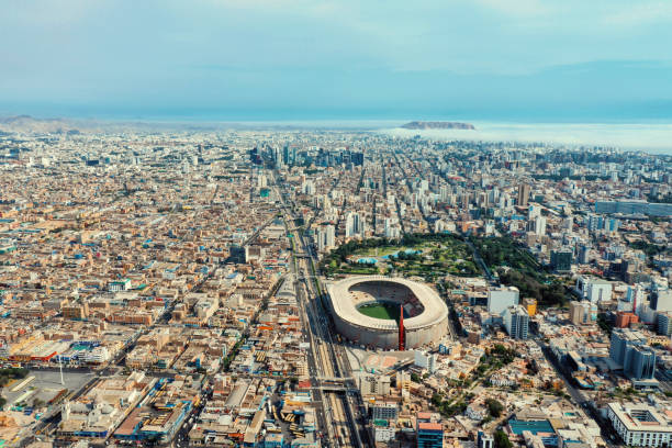 Aerial shot of Lima Peru national stadium and surroundings stock photo