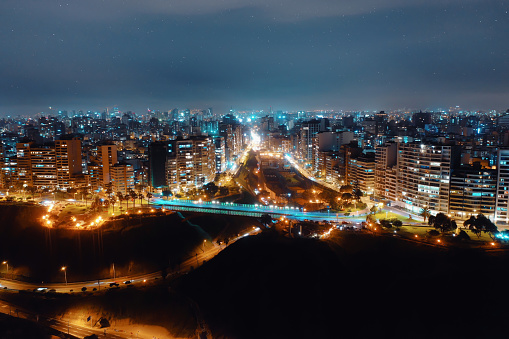 Panoramic aerial view of puente Villenas at Miraflores district  in Lima, Peru during the night.