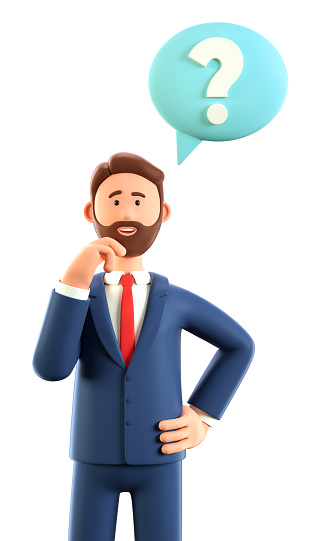 3D illustration of cute thinking man with question mark in speech bubble. Cartoon pensive businessman solving problems, feeling doubt or hesitation. Searching and finding a solution concept.