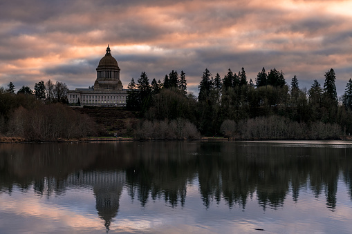 Sunset over the Capitol Lake with Olympia State Capitol.