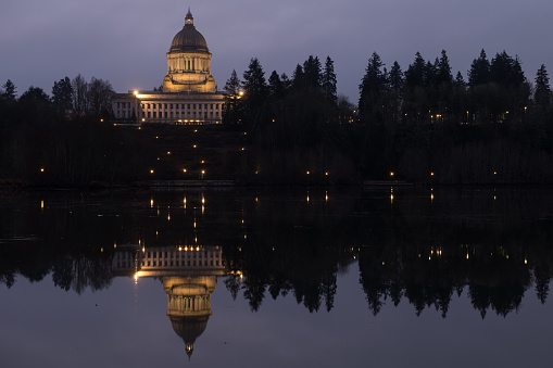 Sunrise over the Capitol Lake with Olympia State Capitol.