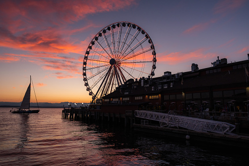 The Seattle, Washington waterfront skyline in June in Seattle, Washington, United States