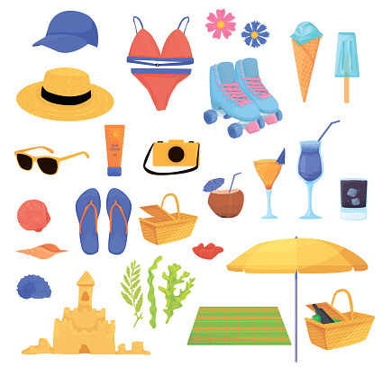 set of summer items isolated on white background. attributes for a summer vacation on the beach, an active lifestyle. sunglasses, hat, sunscreen, rollers, summer drinks and ice cream.