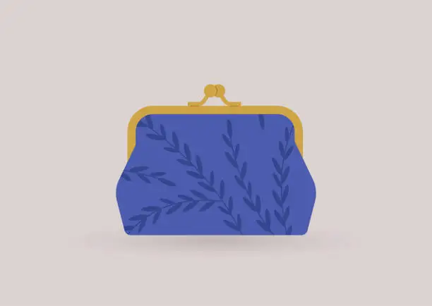 Vector illustration of A vintage silk purse with a golden clasp and floral pattern, an old fashioned accessory