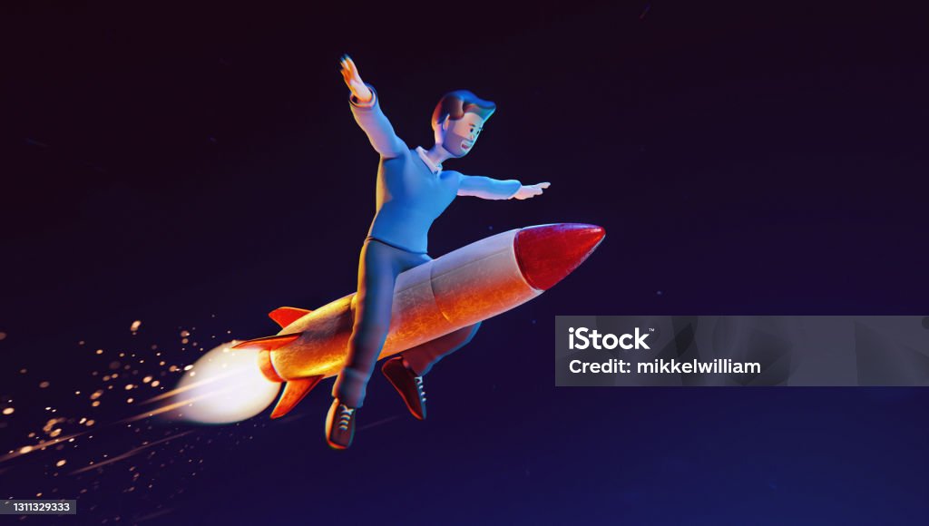Cartoon Character Flys Through The Air On Top Of A Rocket Stock Photo -  Download Image Now - iStock