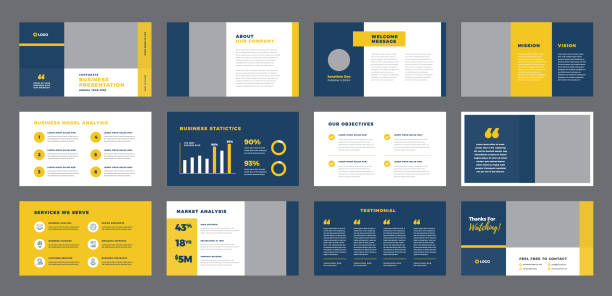 Business Presentation Brochure Guide Design or Powerpoint Slide Template or Sales Guide Slider This is a vector presentation. You can us this as pdf for all company information. Powerpoint presentation can also be done for this. This Slider can be used for all type of company profile and for their annual report. Its really easy to edit and you can replace your own photos and color as well as text. And can be edited by Adobe Illustrator. powerpoint template stock illustrations