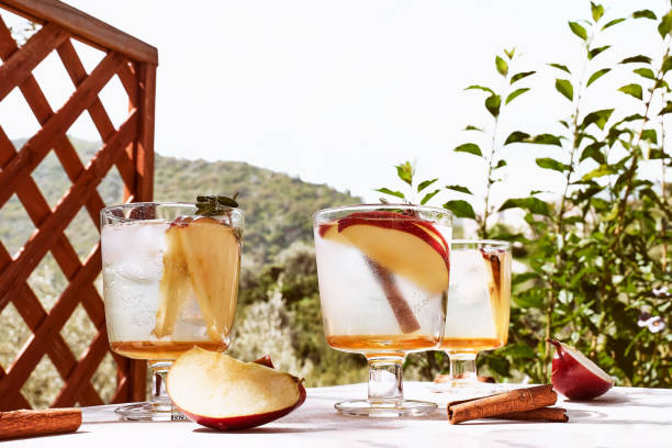 istock Fresh and healthy cocktail or mocktail with apple, ice, cinnamon and herbs. Refreshing summer drink on nature background 1311331379