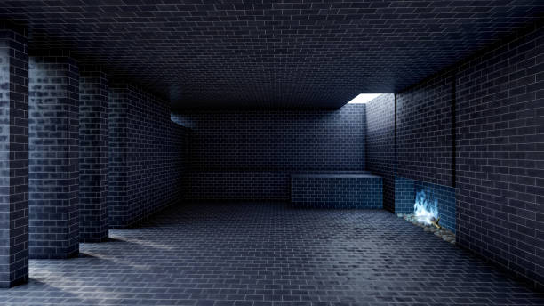 istock Interior of Dark Modern Empty Hall Open Space with Fireplace and Blue Flame, 3D Rendering 1311331672