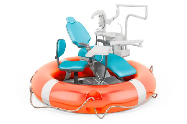 Photo of Dental chair unit with lifebelt, 3D rendering isolated on white background