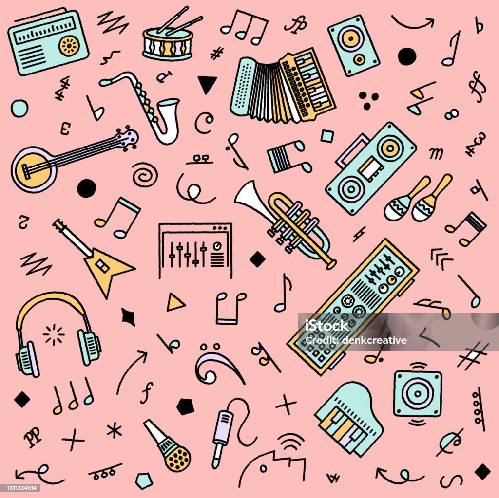 Pop Music Seamless Pattern Illustration Vector illustrations for seamless popular music pattern. Hand-drawn icons with editable strokes can be used as print or digital works in vintage doodle style. Music stock vector