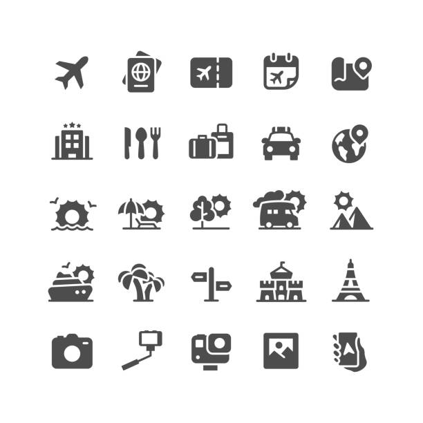 Travel & Vacation Flat Icons Set of travel and vacation flat vector icons. cruise ship cruise passport map stock illustrations