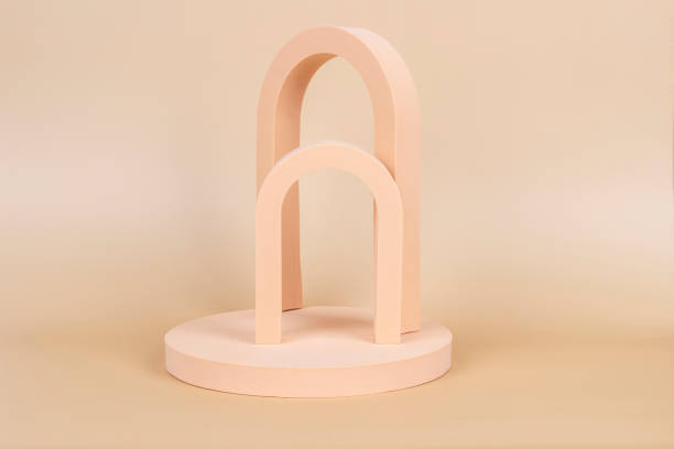 istock Abstract background trendy composition with geometric shapes forms. Exhibition podium, platform for product presentation on pastel beige background 1311338512