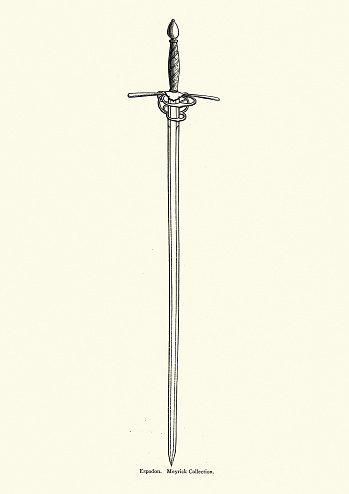 Vintage illustration of Espadon, Sword, Medieval weapons. A long, heavy, two-handed and two-edged sword, formerly used by Spanish foot soldiers and by executioners