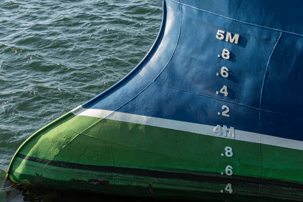 Bulb bow of a blue fishing ship.