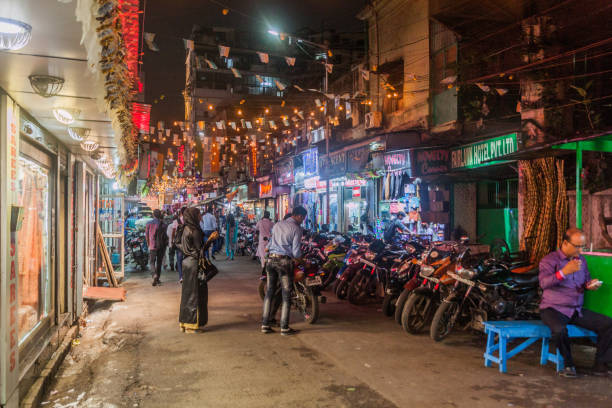 View of a street in the center of Kolkata, Ind KOLKATA, INDIA - OCTOBER 28, 2016: View of a street in the center of Kolkata, India kolkata night stock pictures, royalty-free photos & images