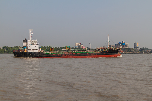 Mongla, Bangladesh - November 15, 2016: Cargo ship near Mongla Port, Bangladesh