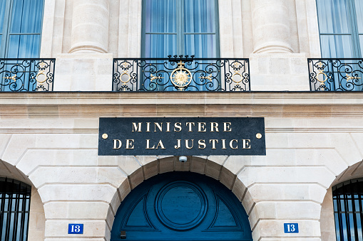 Paris : Ministry of Justice facade. It's a State building of french administration, where the minister work, with all his team, senior official and official or public servant. Situated place Vendome in France.