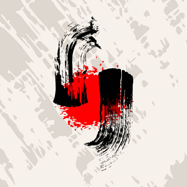 istock Red and black symbolic peacock or pheasant bird symbol vector illustration. Hand drawn in ink, Japanese grunge style. 1311344876
