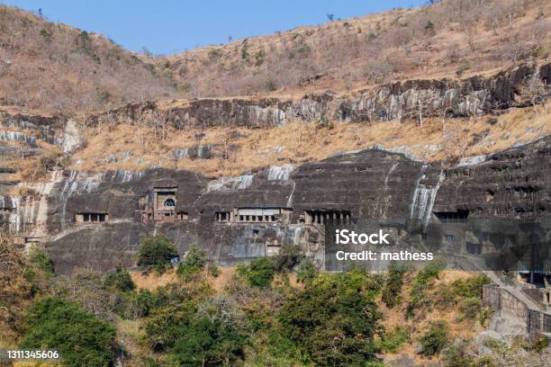 View Of Ajanta Buddhist Caves Carved Into A Cliff Maharasthra State Ind Stock Photo - Download Image Now