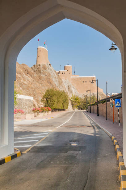 view of al mirani fort in muscat from mathaib gate, om - al mirani imagens e fotografias de stock