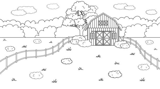 Black white monochrome Summer or spring farm concept in countryside. Cartoon doodle vector cute Red barn, fence and clouds, field and trees, bushes and plants for animal life background, coloring . Black white monochrome Summer or spring farm concept in countryside. Cartoon doodle vector cute Red barn, fence and clouds, field and trees, bushes and plants for animal life background, coloring book red barn house stock illustrations