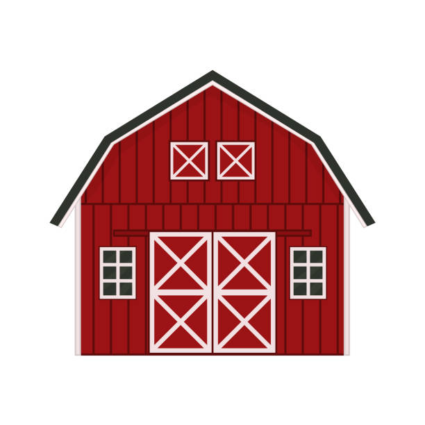 ilustrações de stock, clip art, desenhos animados e ícones de cartoon doodle red wooden barn house, gray roof, windows and doors with crossed white boards. vector outline isolated hand drawn illustration on white background, front view. - barn wood window farm