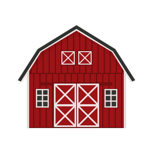 мультфильм каракули красный деревянный сарай дом, серая крыша, окна и двери с скрещенными белыми досками. vector outline изолированная нарисованн - farm gate rural scene non urban scene stock illustrations