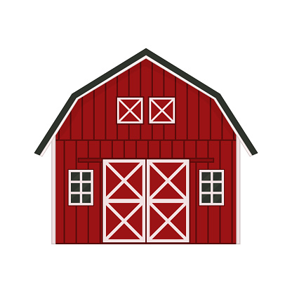 Cartoon doodle red wooden barn house, gray roof, windows and doors with crossed white boards. Vector Outline isolated hand drawn illustration on white background, front view