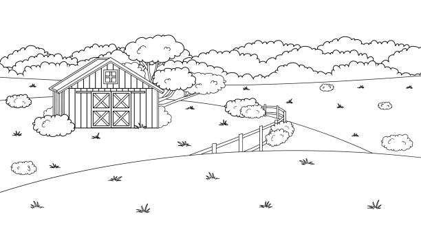 Black white monochrome cartoon doodle vector cute summer or spring farm in countryside. Red barn, fence, fields and trees, bushes and plants for animals life background, coloring books. Black white monochrome cartoon doodle vector cute summer or spring farm in countryside. Red barn, fence, fields and trees, bushes and plants for animals life background, coloring books red white barn backgrounds stock illustrations