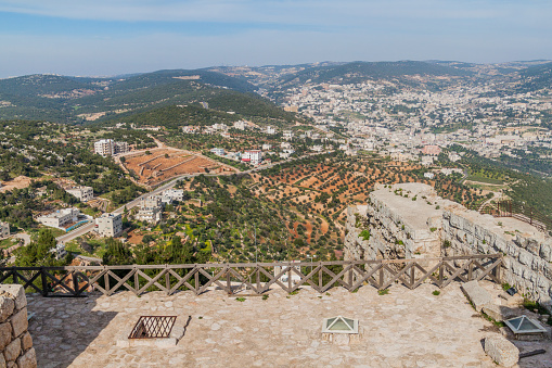 Aerial view of Ajloun town from Rabad castle, Jordan.