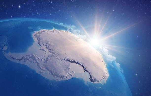 Sun rising upon the Earth. South Pole, Antarctic. Sunrise through clouds, upon a high detailed satellite view of Planet Earth, focused on South Pole, Antarctic. 3D illustration (Blender software), elements of this image furnished by NASA (https://eoimages.gsfc.nasa.gov/images/imagerecords/73000/73776/world.topo.bathy.200408.3x5400x2700.jpg) south pole stock pictures, royalty-free photos & images