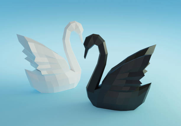 papier-skulptur eines polygonalen schwäne, gefaltet papier tier, papierhandwerk, schwarz und weiß schwäne liebe konzept, 3d rendern - black swan stock-fotos und bilder