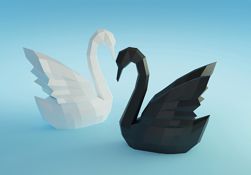 Paper sculpture of a polygonal Swans, folded paper animal, papercraft, black and white swans love concept, 3d render