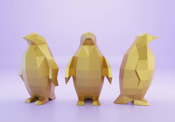 scultura di carta di un pinguino dorato poligonale, animale di carta piegato, carta, rendering 3d - triangle puzzle three dimensional shape metal foto e immagini stock