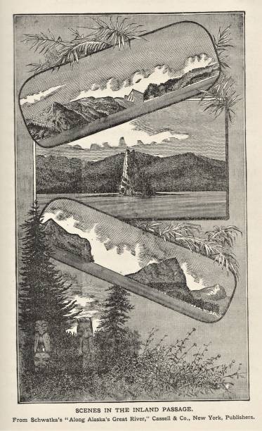 Alaska’s Inside Passage 1886 Composite pictures of the Inland, or Inside, Passage to Alaska through coastal waterways Illustration published 1886. Source: Original edition is from my own archives. Copyright has expired and is in Public Domain. alaska landscape stock illustrations