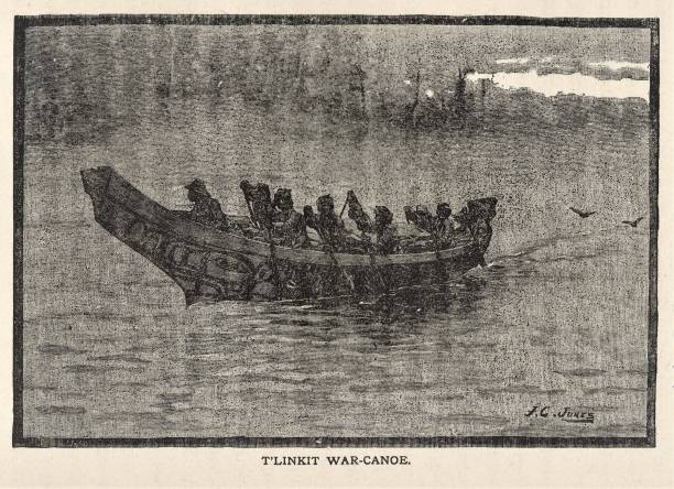 ilustrações, clipart, desenhos animados e ícones de t'linkit canoa, alasca, eua 1886 - canoe canoeing paddling oar