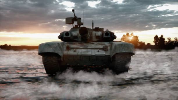 schwerer militärischer panzer im kampffeld. kriegskonzept, 3d-illustration - military land vehicle armored vehicle tank war stock-fotos und bilder
