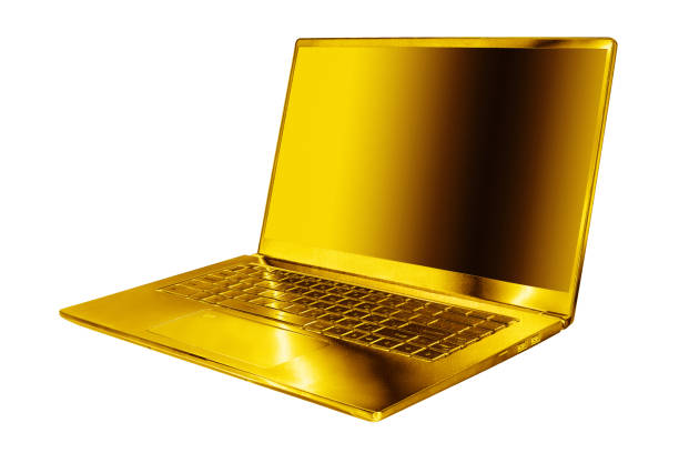 istock Golden laptop blank screen white background isolated close up side view, gold metal computer, open empty display, modern slim design, pc mockup, notebook template, luxury rich concept, copy space 1311363709