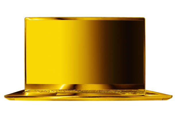 istock Golden laptop blank screen white background isolated close up front view, gold metal computer, open empty display, modern slim design, pc mockup, notebook template, luxury rich concept, copy space 1311363710