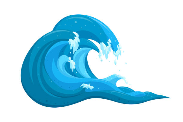 tropische tsunami-welle im cartoon-stil. ozean-surfwelle bildet ein fass. vektor-illustration - storm tide tide wave high tide stock-grafiken, -clipart, -cartoons und -symbole