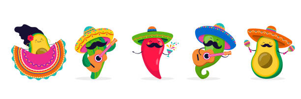 ilustraciones, imágenes clip art, dibujos animados e iconos de stock de cinco de mayo - 5 de mayo, fiesta federal en méxico. personajes divertidos y lindos como chile, aguacate, cactus tocando la guitarra, bailando y bebiendo tequila. - mexican culture cinco de mayo backgrounds sombrero