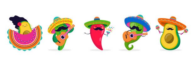 синко де майо - 5 мая, федеральный праздник в мексике. забавные, милые персонажи, как перец чили, авокадо, кактус, играющий на гитаре, танцующи� - mexican culture cinco de mayo backgrounds sombrero stock illustrations