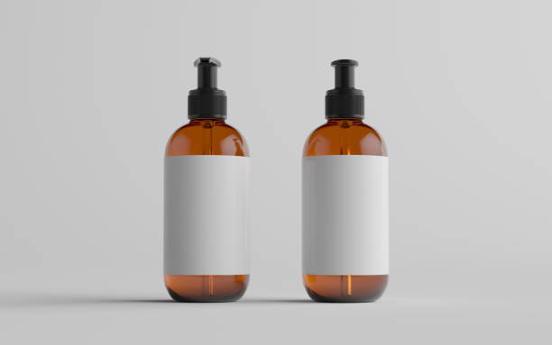 istock Amber Glass Pump Bottle Mock-Up - Liquid Soap, Shampoo Dispenser - Front & Back. Blank Label 1311367431